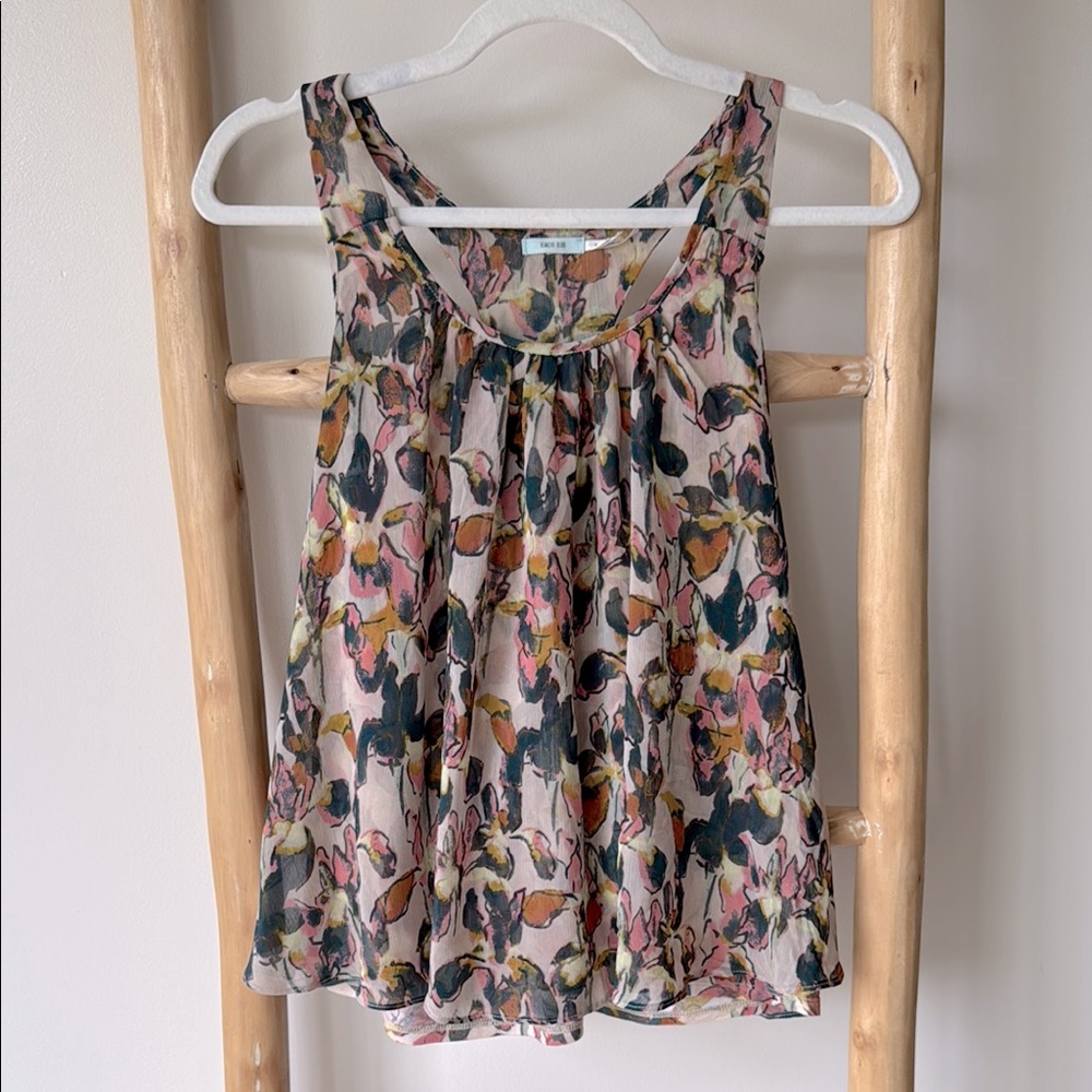 Kimchi Blue Urban Outfitters Floral Pink Green Racerback Flowy Ruffle Tank Top S